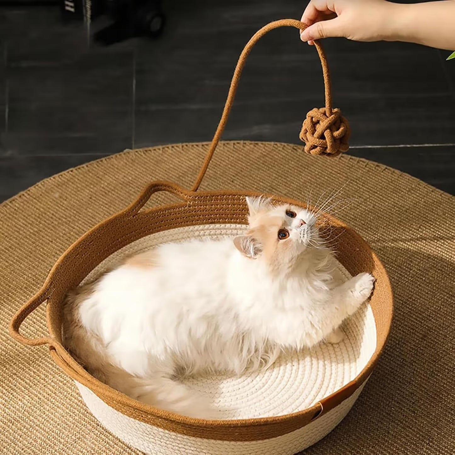 Handwoven Cotton Rope Pet Basket with Teasing Ball - Natural & Grey