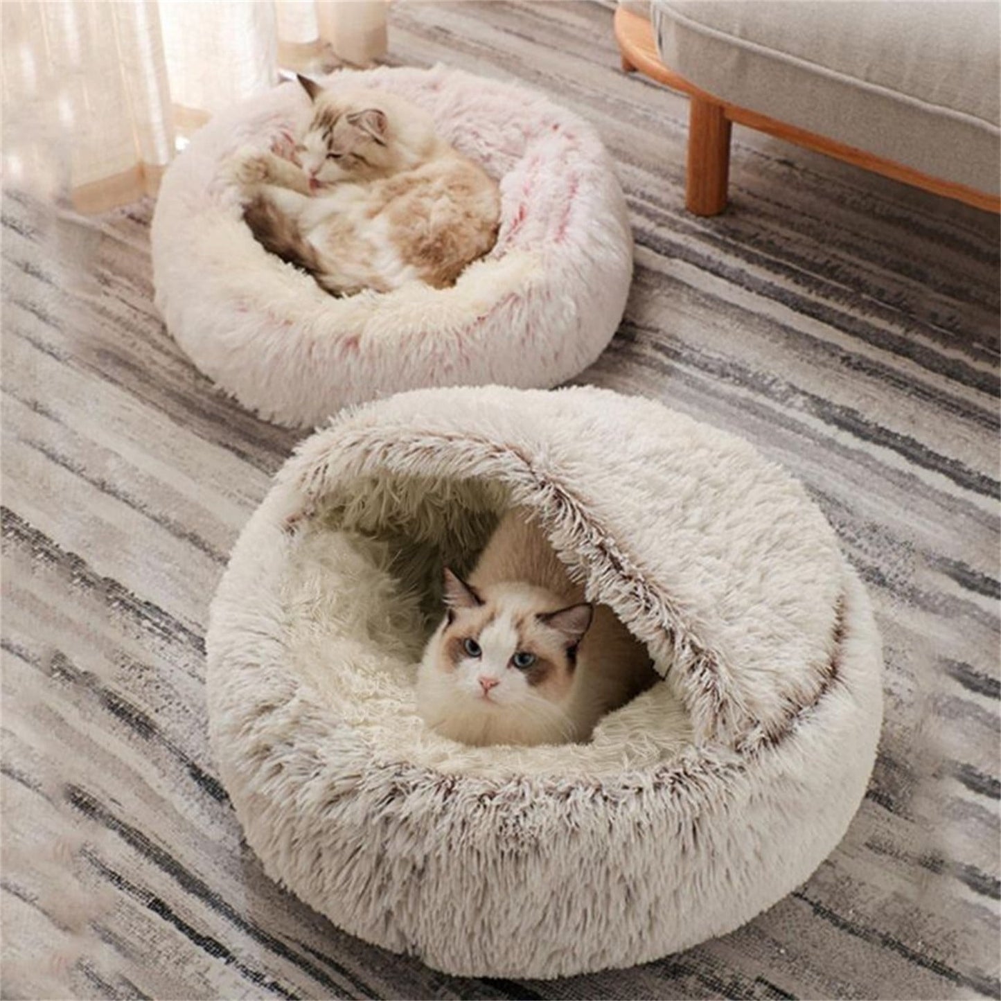 Plush Hooded Cat Bed - Waterproof Base EX Small Gray