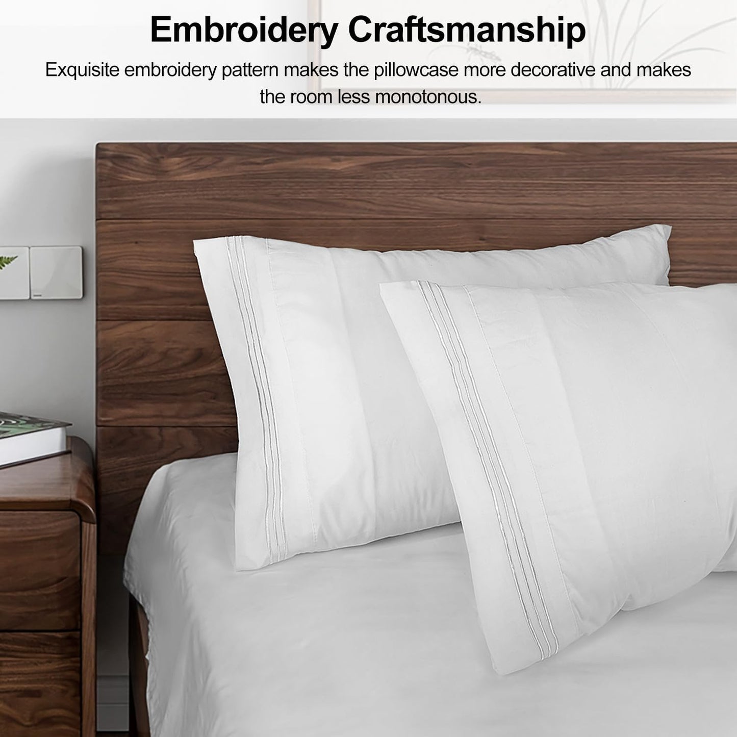 1800 TC Embroidered Soft Brushed Pillowcases White - King