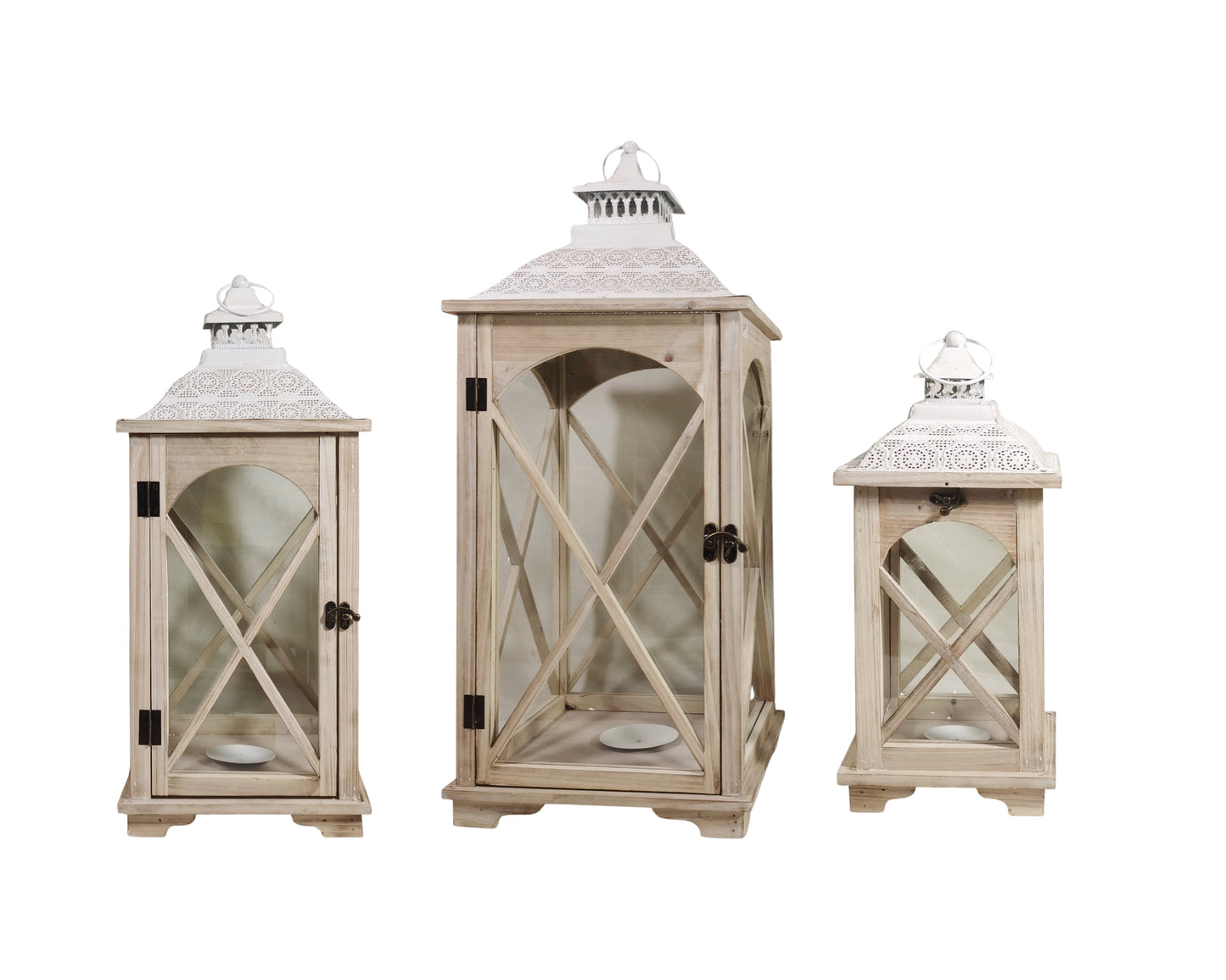Set of 3 Natural Wooden Candle Lanterns | Rustic Boho Home & Garden Decor