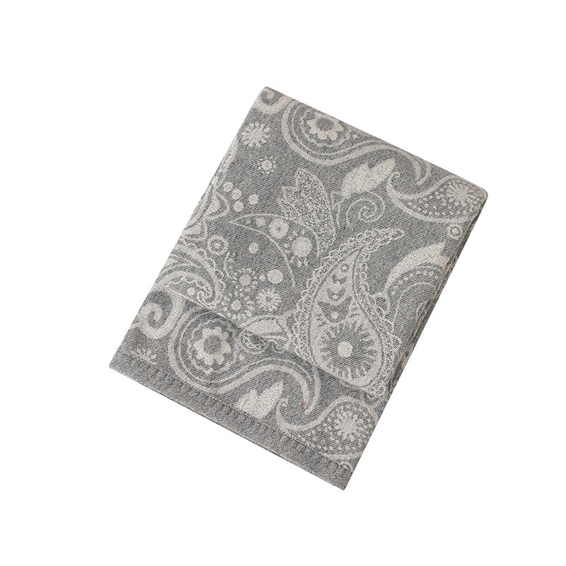 Dark Grey Luxurious Paisley Wool Blend Throw Blanket