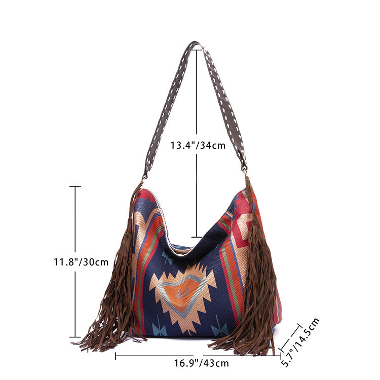 Bohemian Canvas Hobo Bag with Tassels & Geometric Print – Large Shoulder Bag | Purple