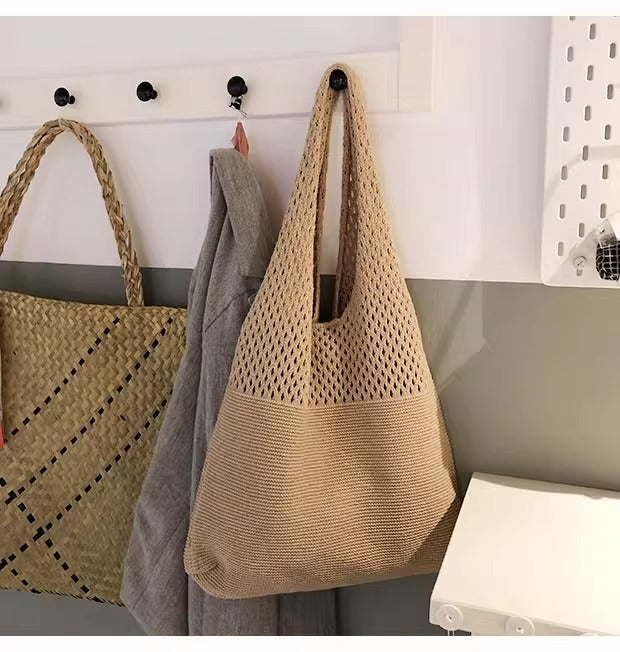 Khaki patchwork Bohemian Knit Shoulder Bag