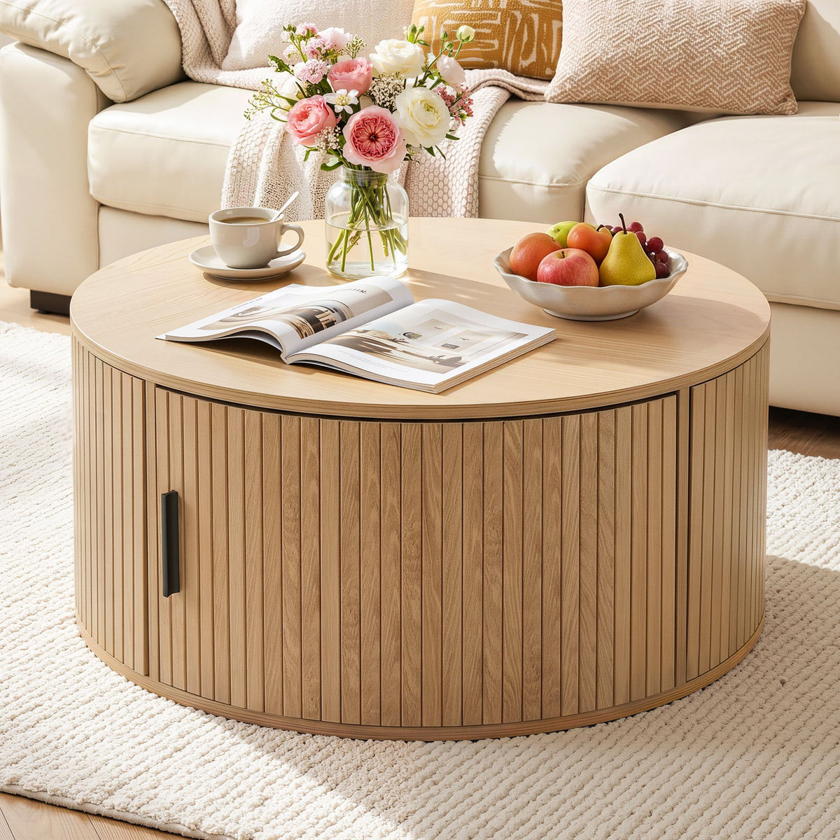 Round Fluted Coffee Table with Storage | 80cm