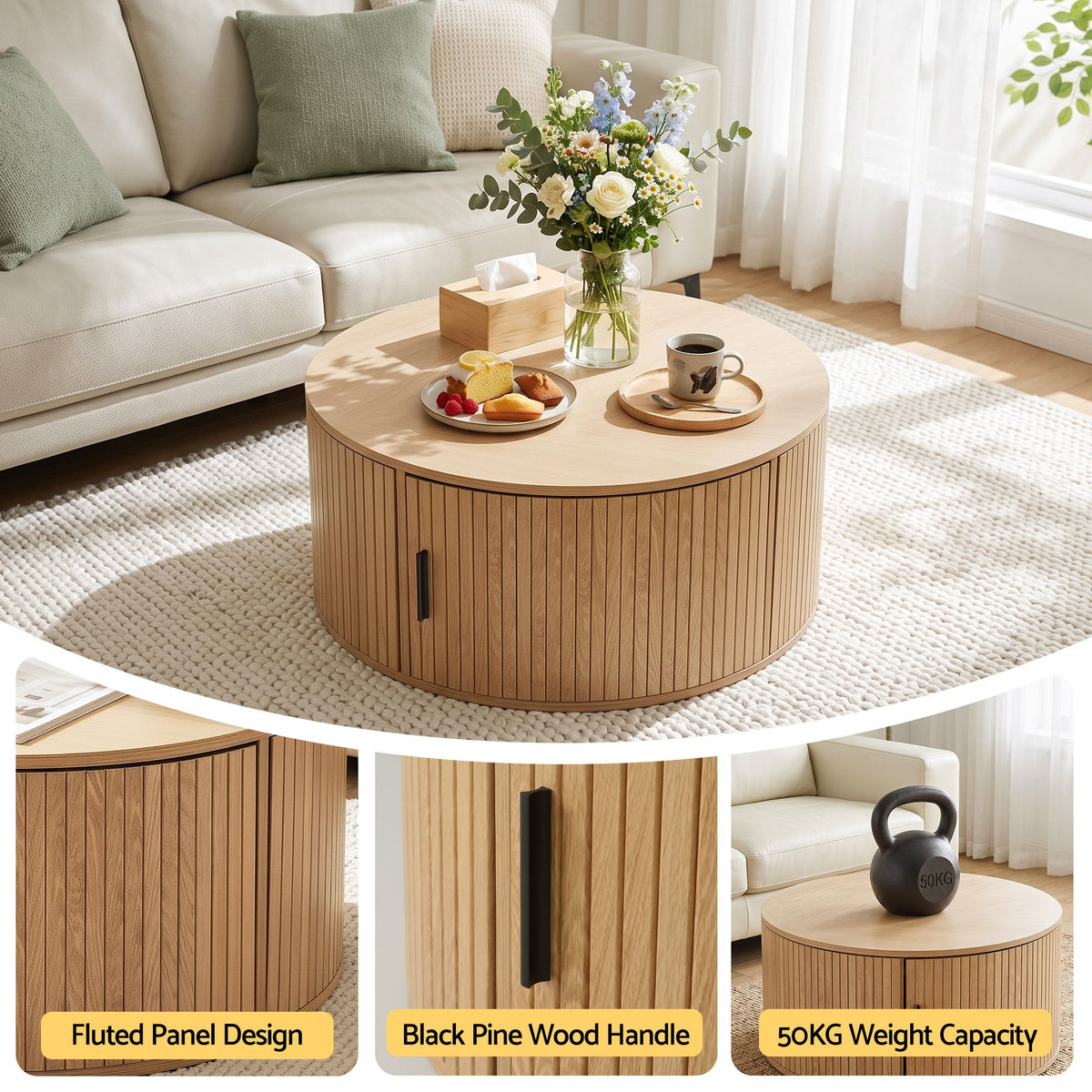 Round Fluted Coffee Table with Storage | 80cm