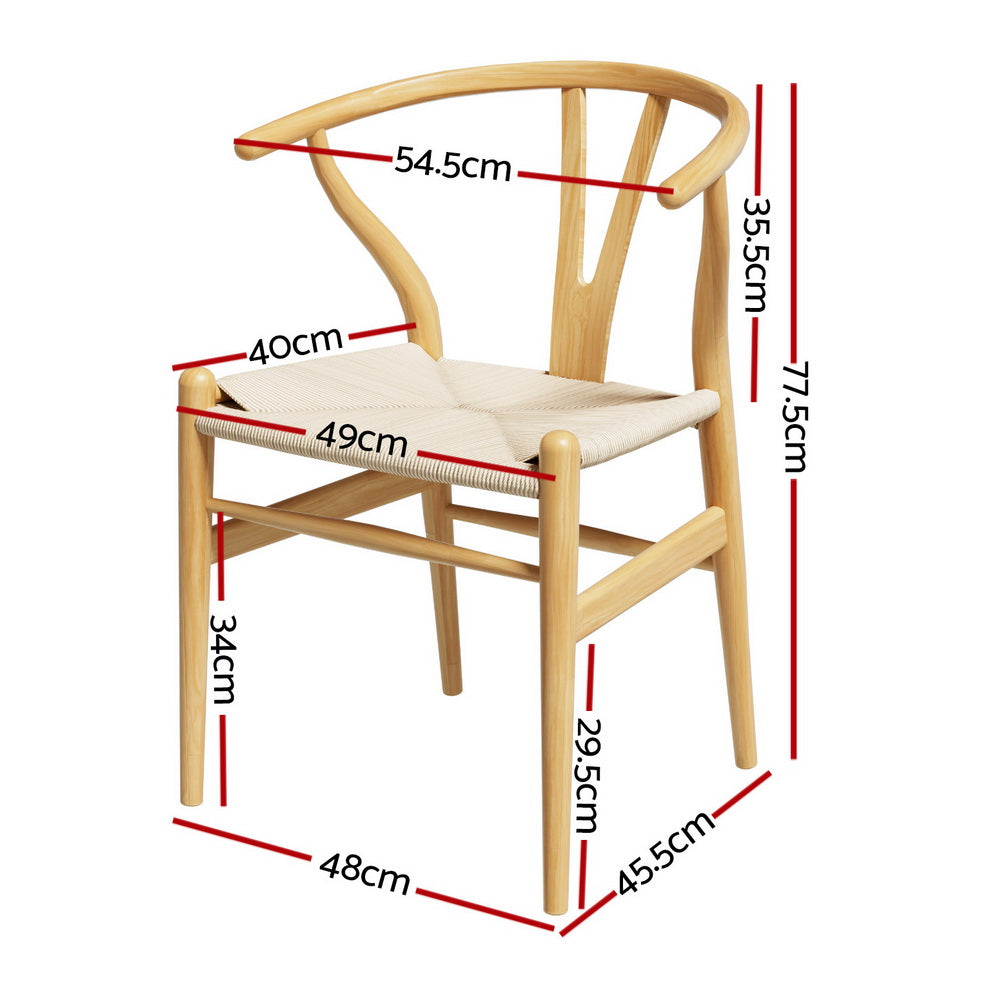 1 Set of 2 Dining Chairs Wooden Rattan Seat Wishbone Back