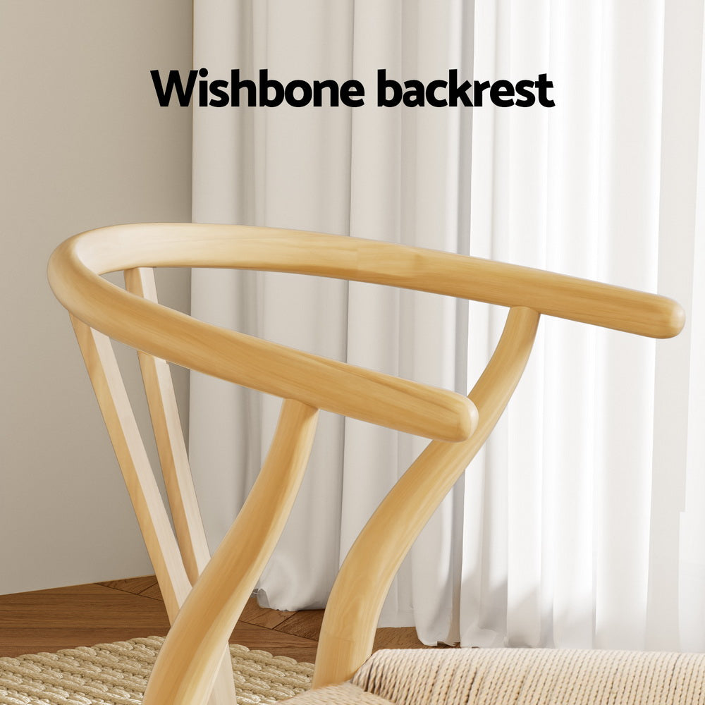 1 Set of 2 Dining Chairs Wooden Rattan Seat Wishbone Back
