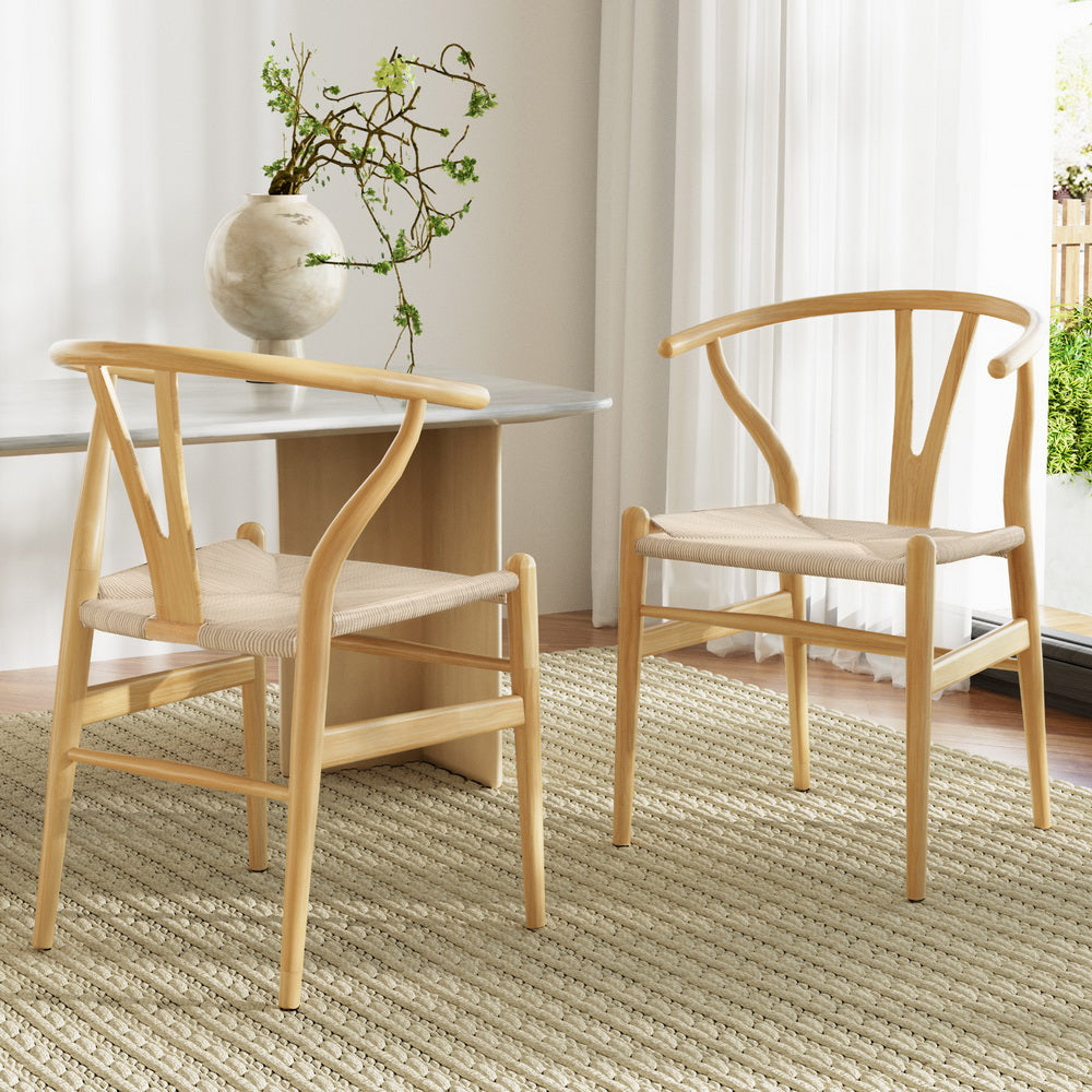 1 Set of 2 Dining Chairs Wooden Rattan Seat Wishbone Back
