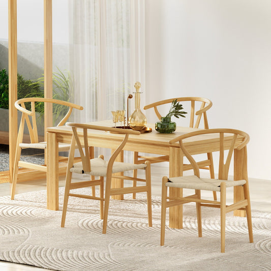 1 Set of 4 Dining Chairs Wooden Rattan Seat Wishbone Back