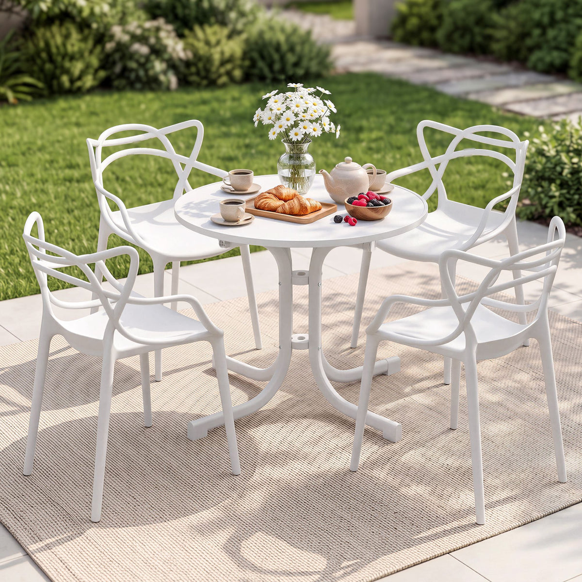 5-Piece Outdoor Dining Set | Foldable Table & 4 Stackable Chairs | White