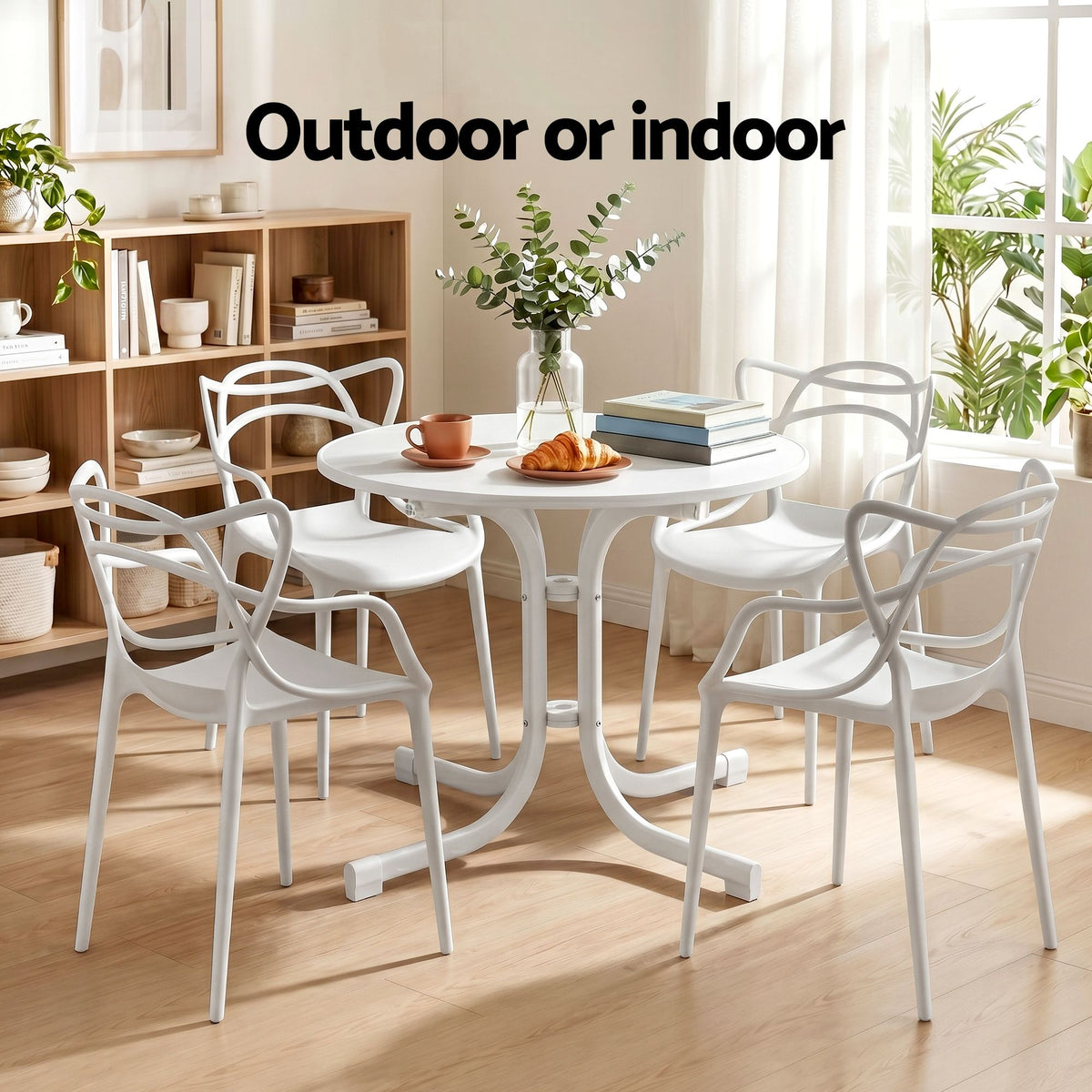 5-Piece Outdoor Dining Set | Foldable Table & 4 Stackable Chairs | White