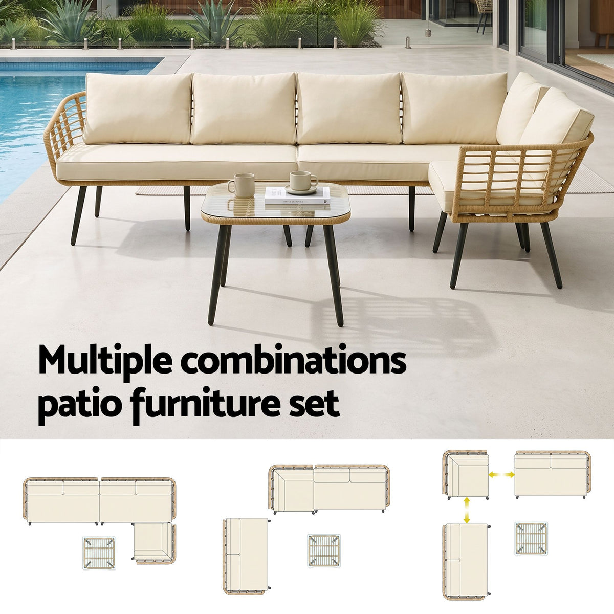 4-Piece Modular Rattan Outdoor Sofa Set | 5-Seater with Cushions & Coffee Table