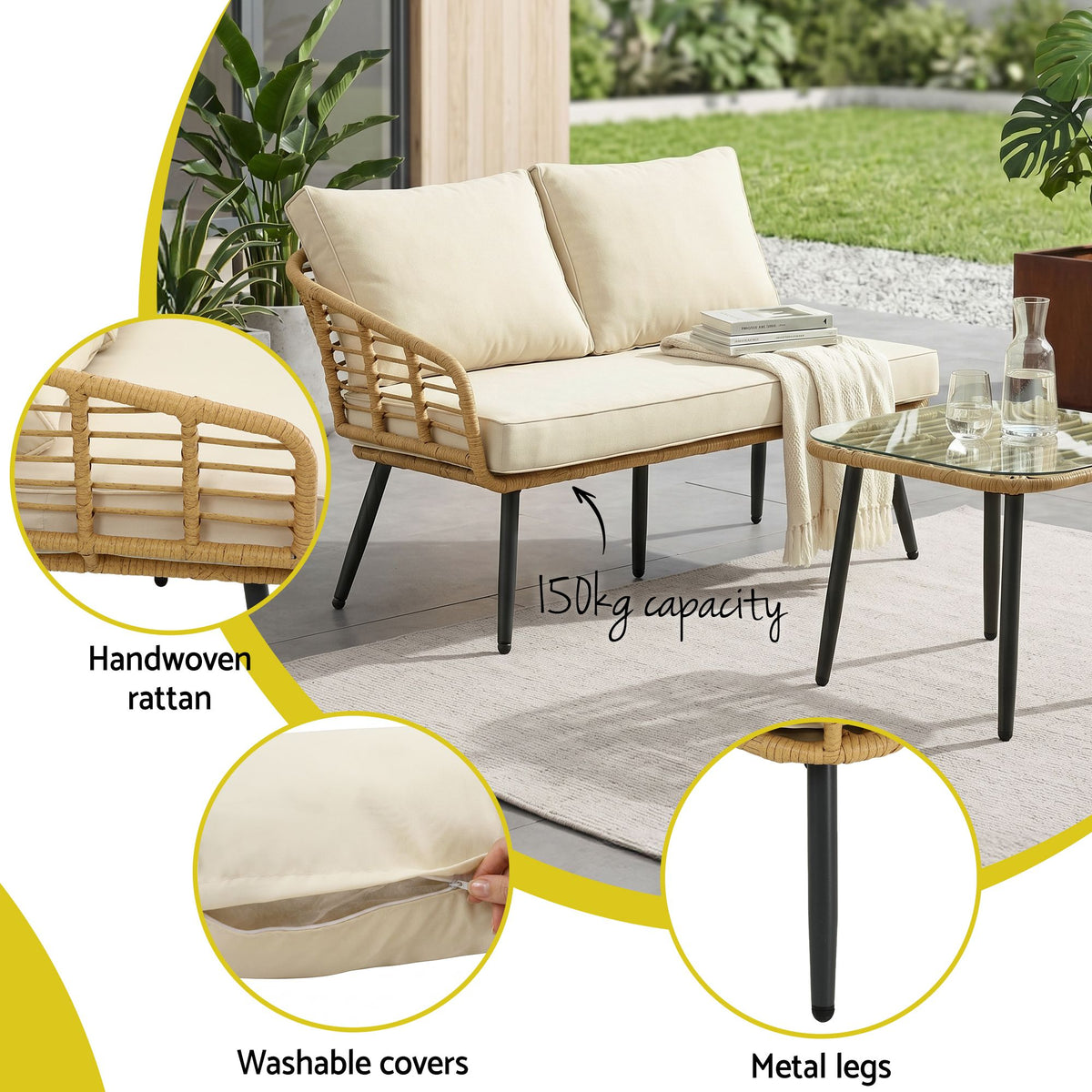4-Piece Modular Rattan Outdoor Sofa Set | 5-Seater with Cushions & Coffee Table