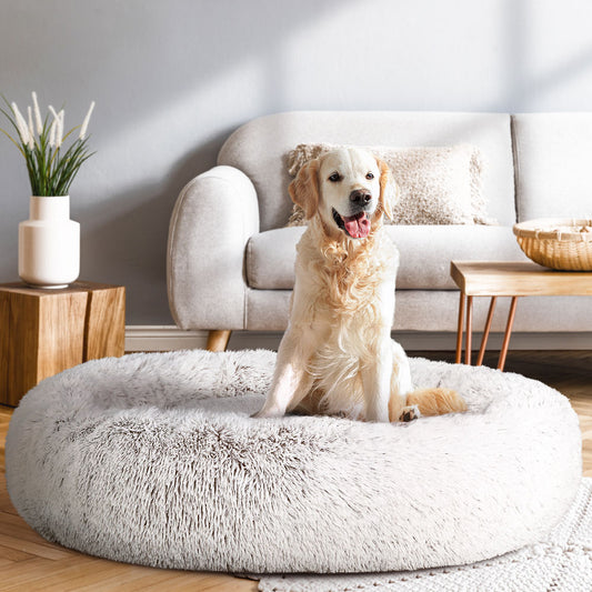 Plush Calming Pet Bed - XL White & Brown - Suits Pets up to 36kg
