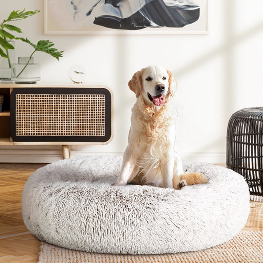 Plush Calming Pet Bed - Large White & Brown - Suits Pets up to 25kg