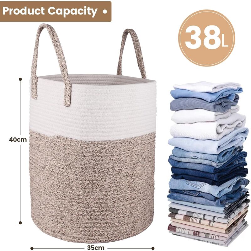 Cotton Rope Storage Laundry Basket with Handles - Natural & White