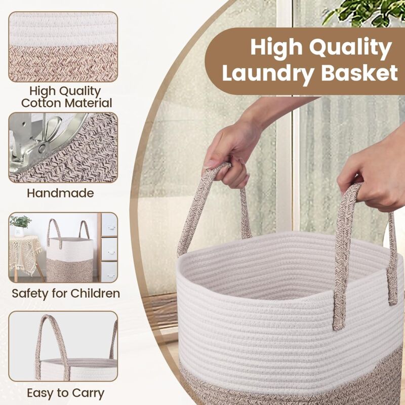 Cotton Rope Storage Laundry Basket with Handles - Natural & White