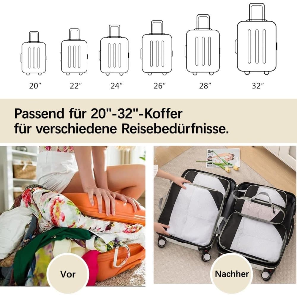 7-Piece Lightweight Compression Bags for Suitcase & Backpack - Black