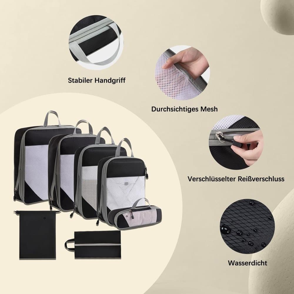 7-Piece Lightweight Compression Bags for Suitcase & Backpack - Black