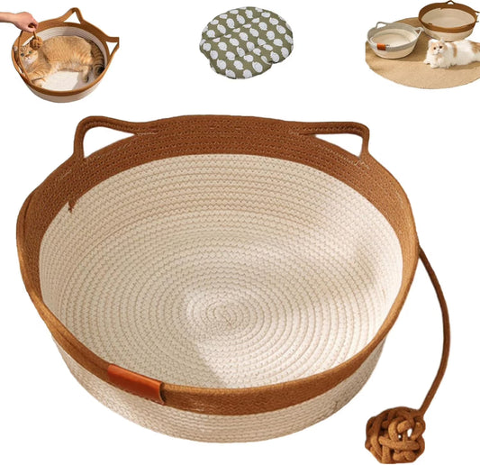 Handwoven Cotton Rope Pet Basket with Teasing Ball - Natural & Brown