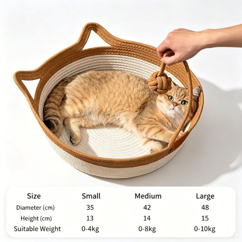 Handwoven Cotton Rope Pet Basket with Teasing Ball - Natural & Brown