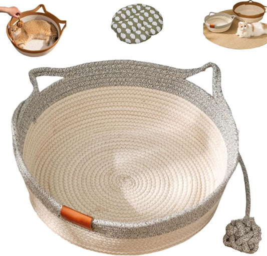 Handwoven Cotton Rope Pet Basket with Teasing Ball - Natural & Grey