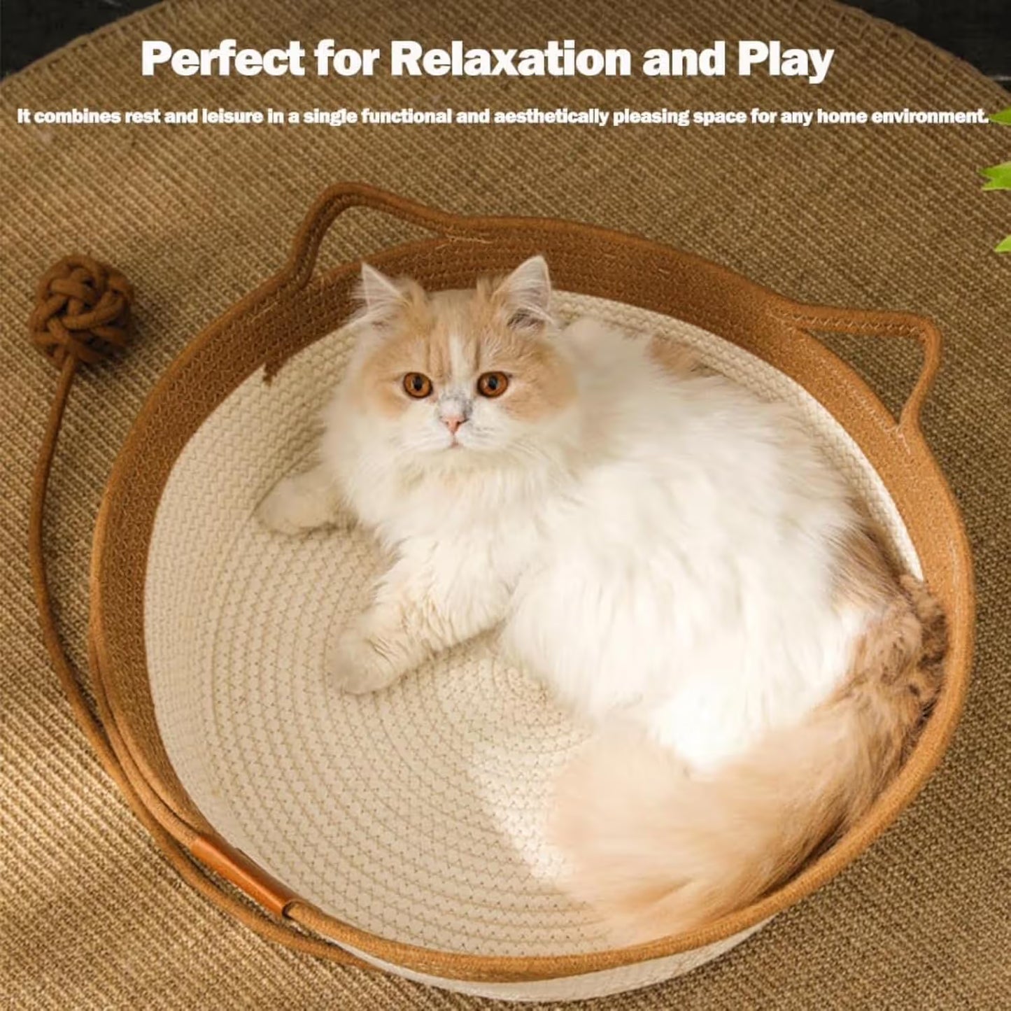 Handwoven Cotton Rope Pet Basket with Teasing Ball - Natural & Grey