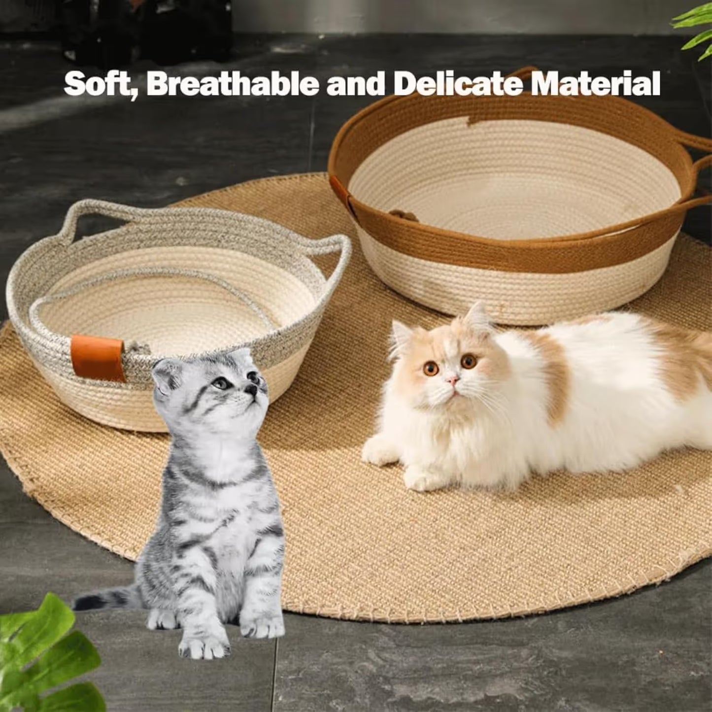 Handwoven Cotton Rope Pet Basket with Teasing Ball - Natural & Grey