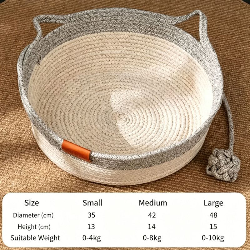 Handwoven Cotton Rope Pet Basket with Teasing Ball - Natural & Grey