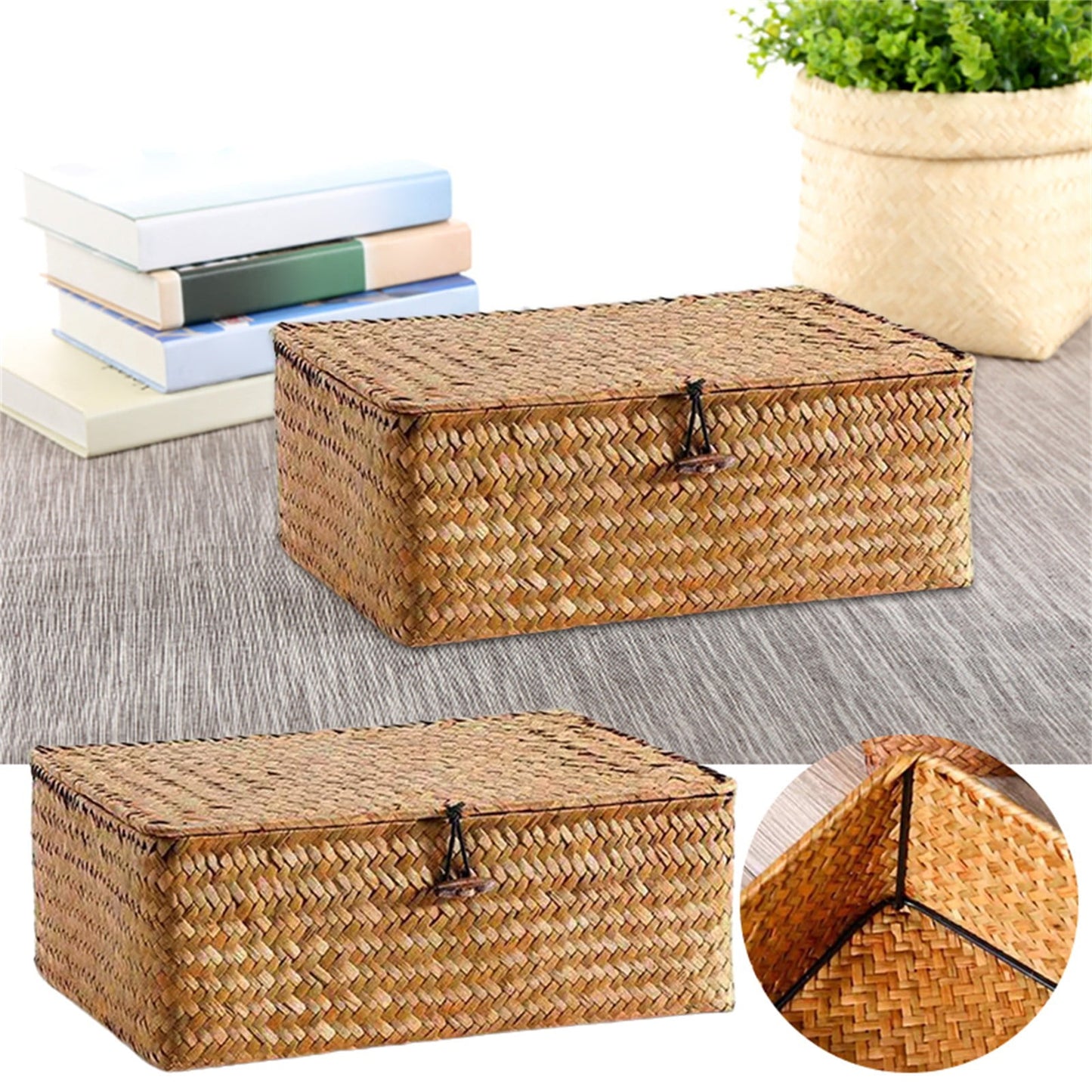 Handwoven Seagrass Basket with Lid — Coffee Brown