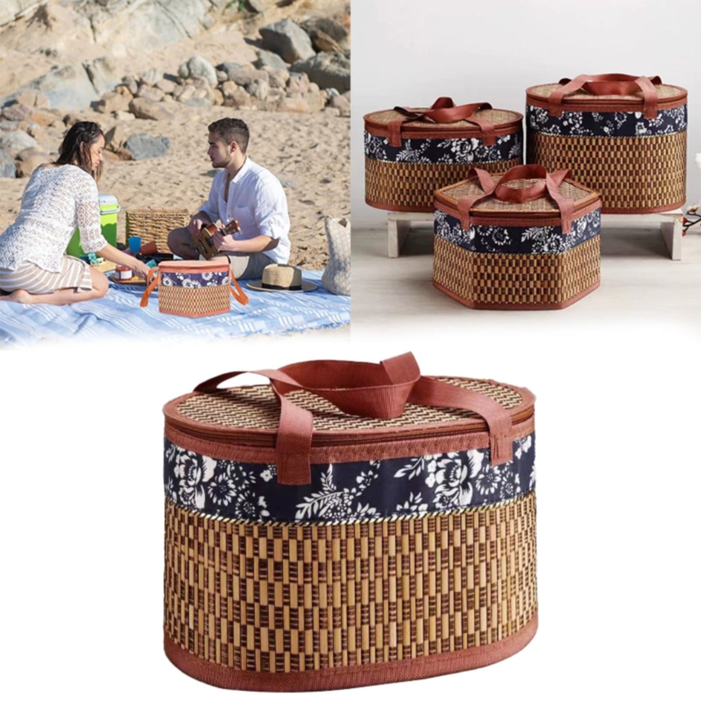 Woven Rattan Wicker Picnic Basket with Double Handles Vintage Hyacinth - Medium - Brown