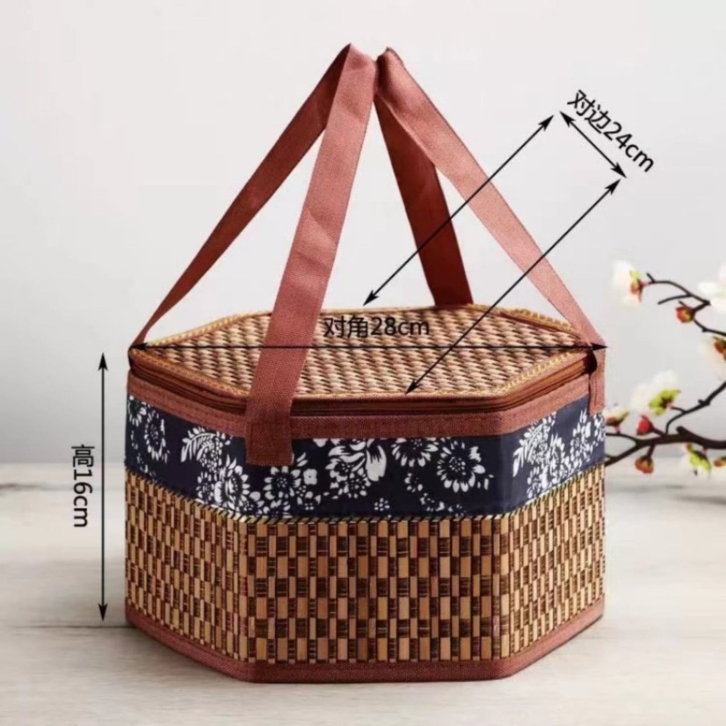 Woven Rattan Wicker Picnic Basket with Double Handles Vintage Hyacinth - Medium - Brown