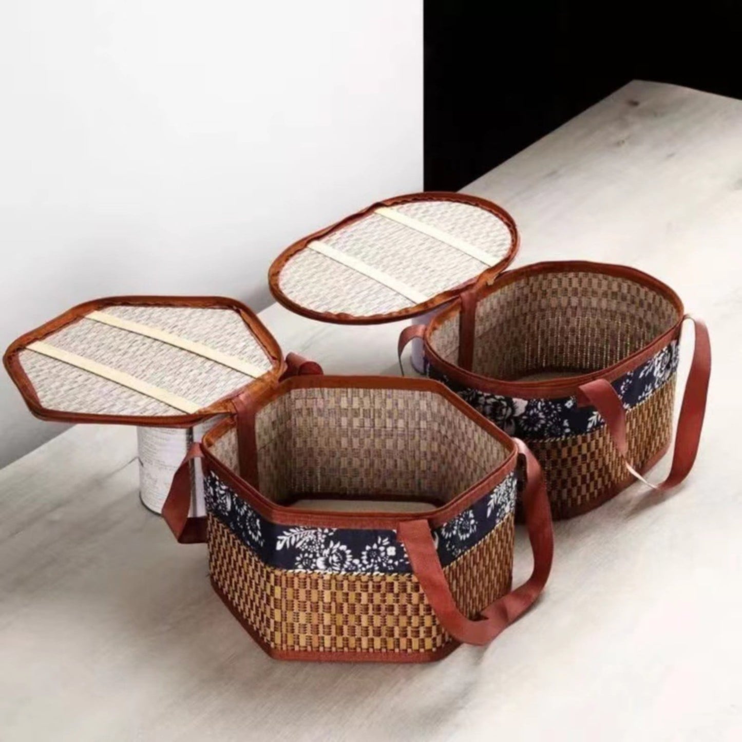 Woven Rattan Wicker Picnic Basket with Double Handles Vintage Hyacinth - Medium - Brown