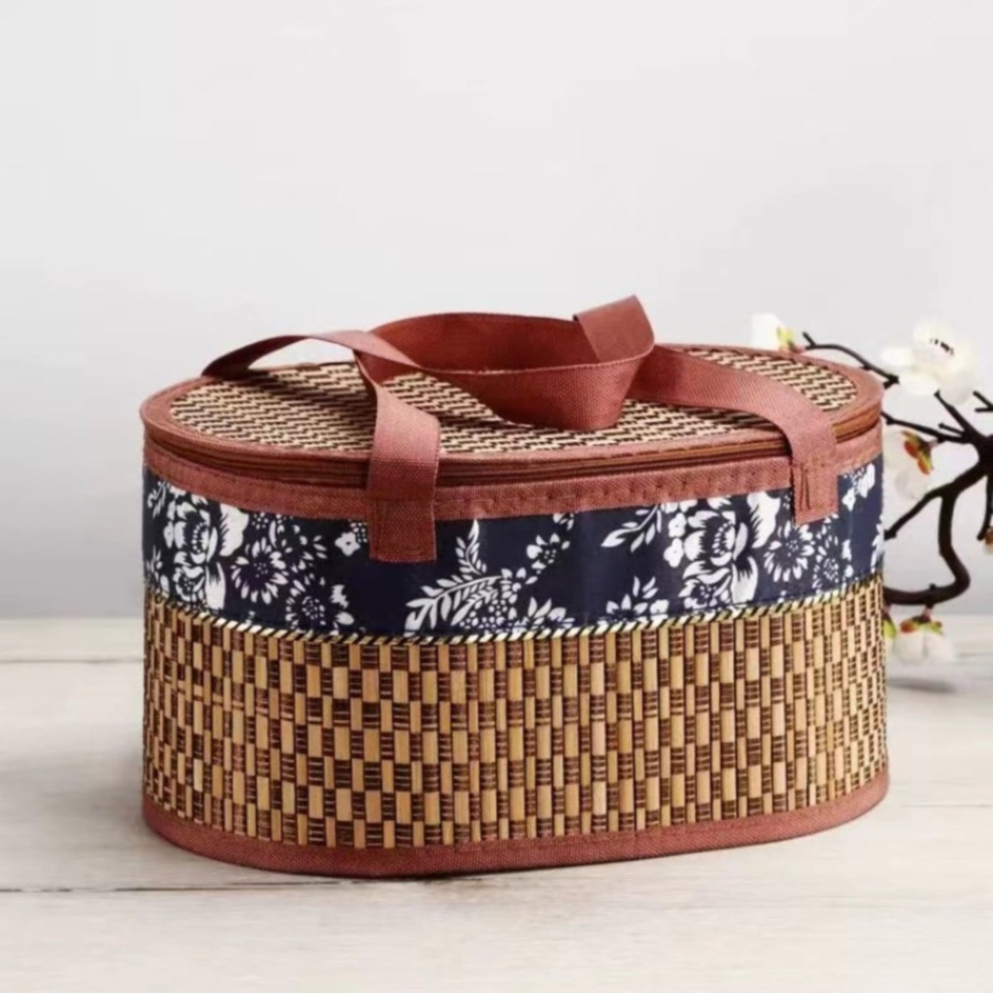 Woven Rattan Wicker Picnic Basket with Double Handles Vintage Hyacinth - Medium - Brown