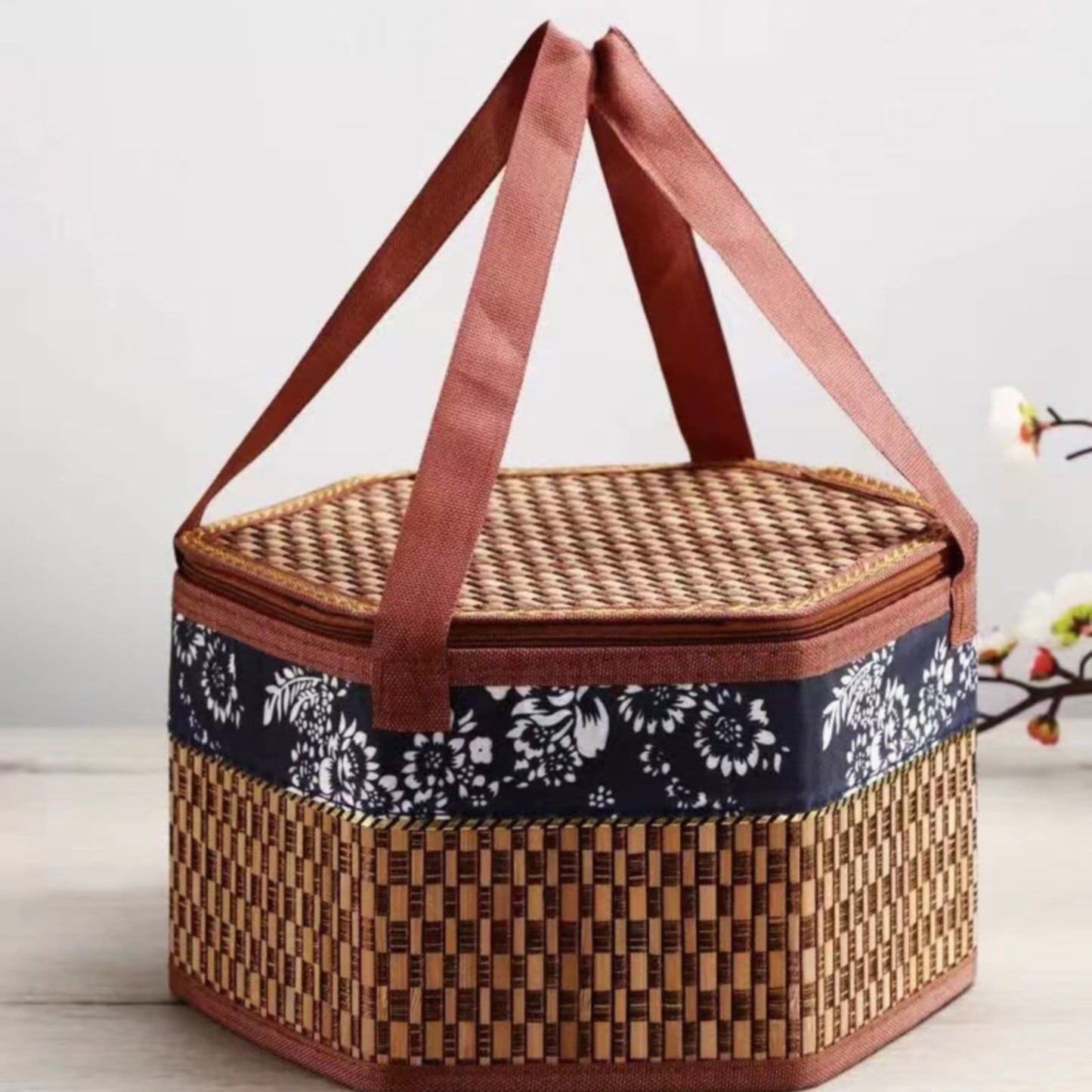 Woven Rattan Wicker Picnic Basket with Double Handles Vintage Hyacinth - Medium - Brown