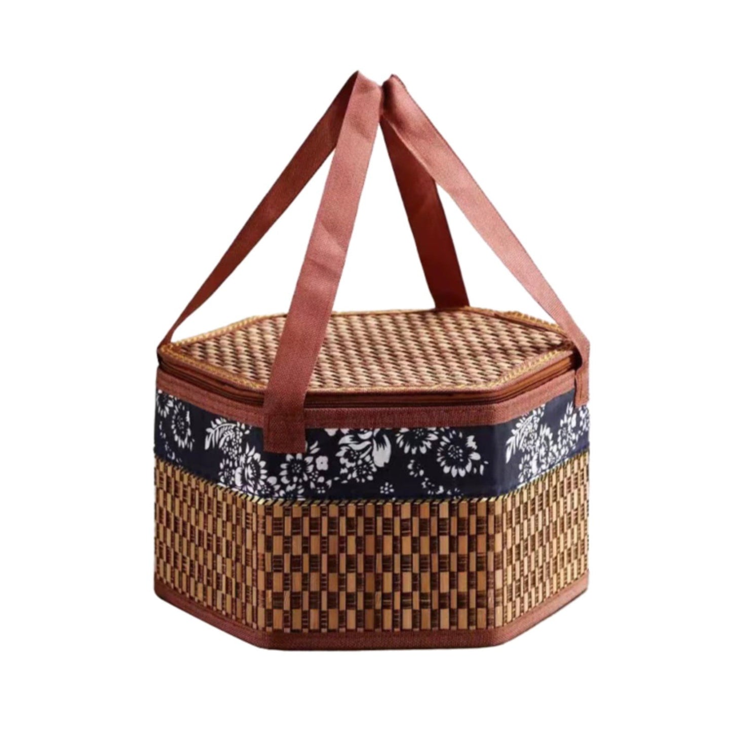 Woven Hyacinth Wicker Picnic Basket with Lid & Double Handles Medium - Brown Khaki