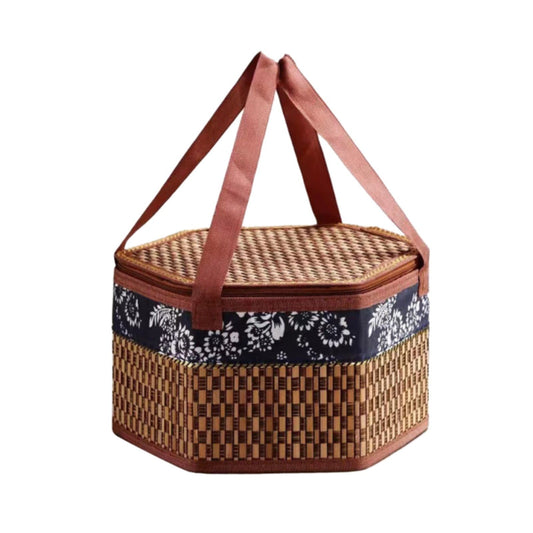 Woven Hyacinth Wicker Picnic Basket with Lid & Double Handles Medium - Brown Khaki