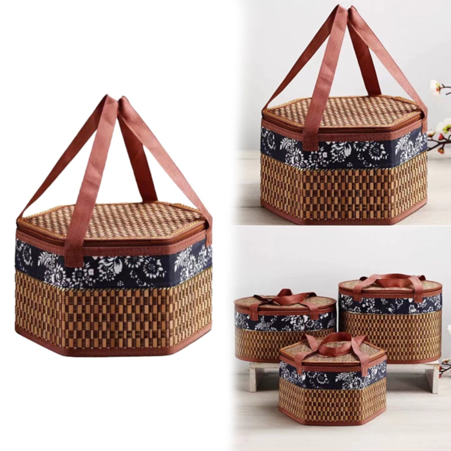 Woven Hyacinth Wicker Picnic Basket with Lid & Double Handles Medium - Brown Khaki