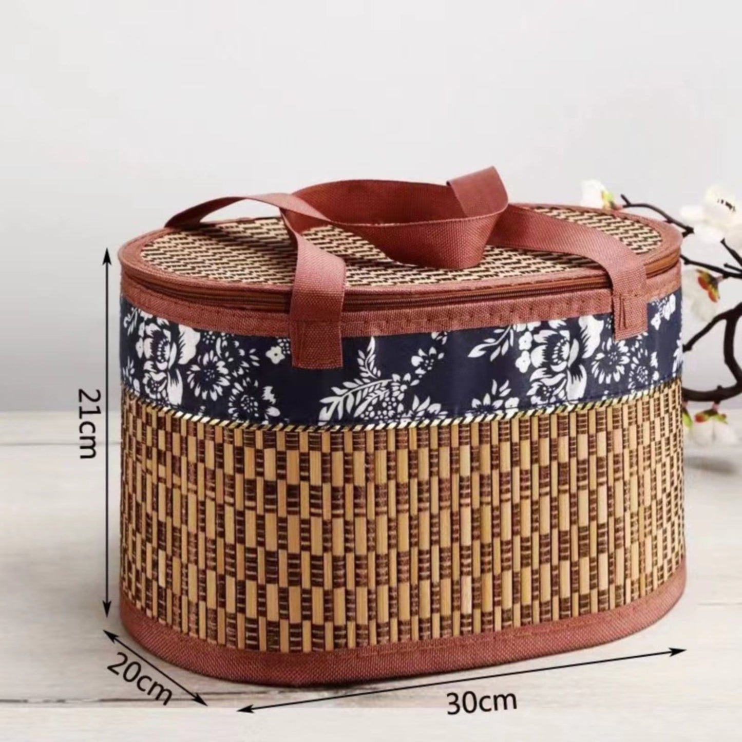 Woven Hyacinth Wicker Picnic Basket with Lid & Double Handles Medium - Brown Khaki