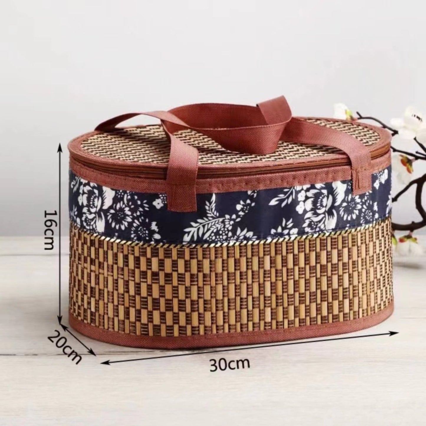 Woven Hyacinth Wicker Picnic Basket with Lid & Double Handles Medium - Brown Khaki