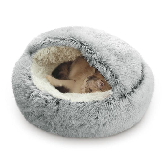 Plush Hooded Cat Bed - Waterproof Base EX Small Gray