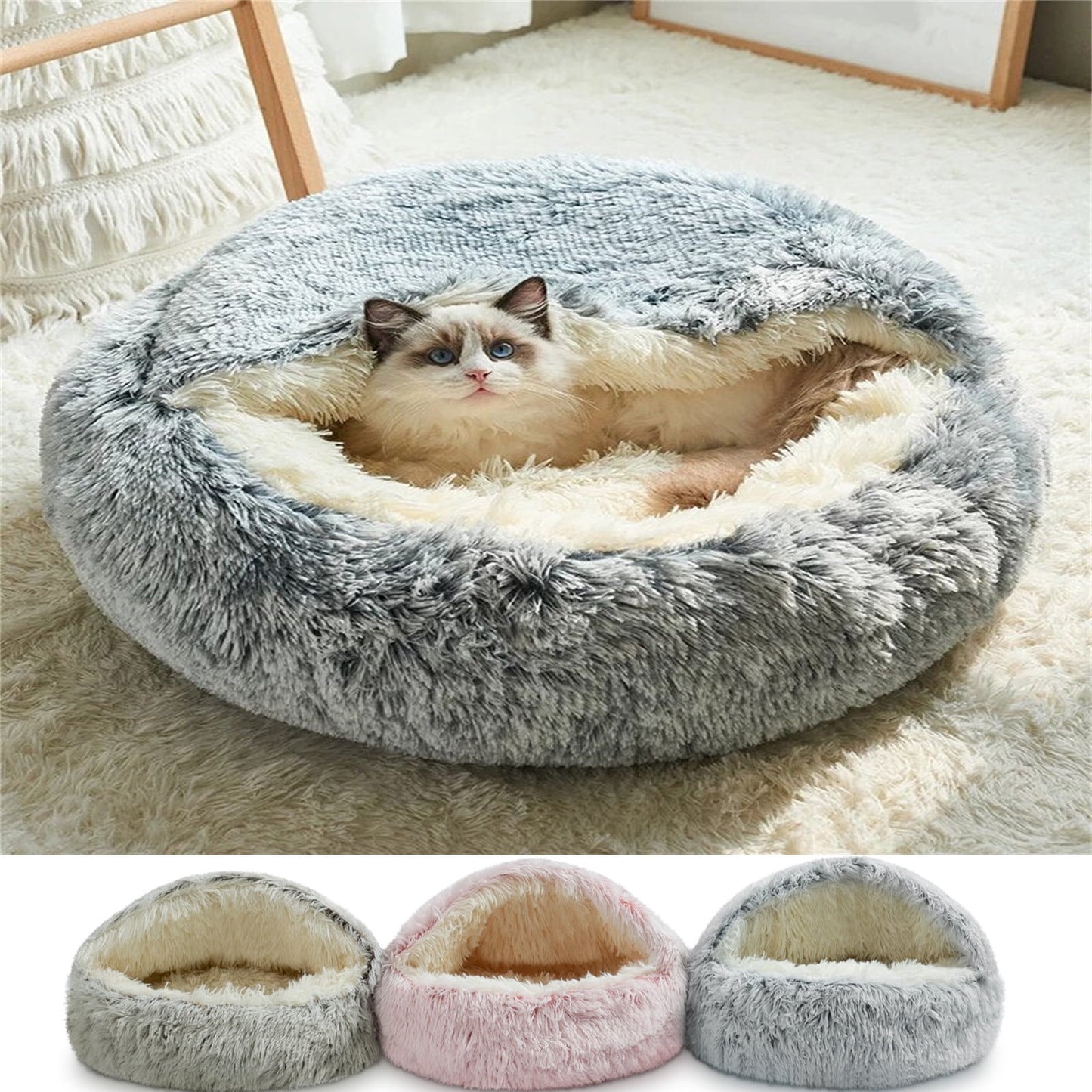 Plush Hooded Cat Bed - Waterproof Base EX Small Gray