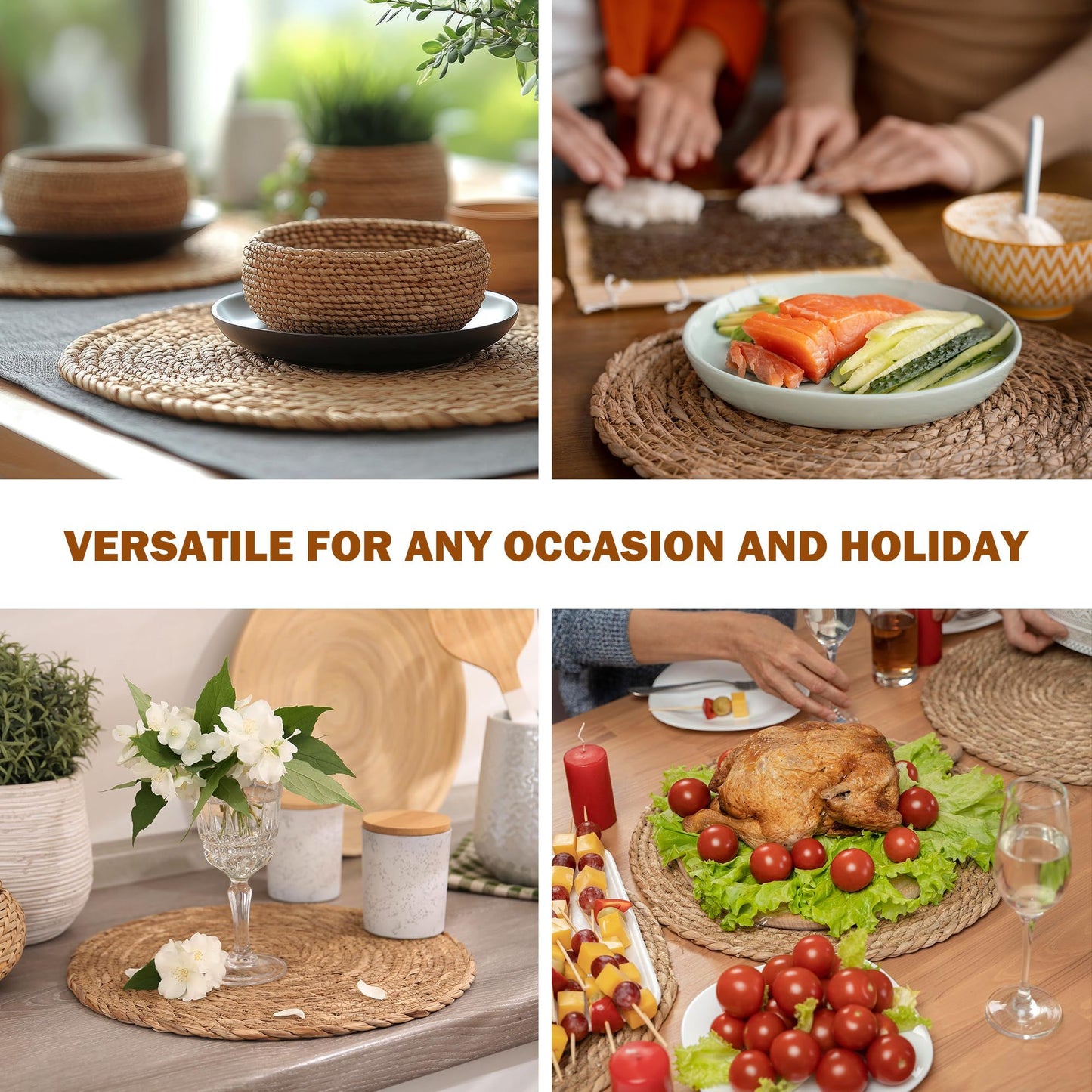 6pcs 11cm  Round Rattan Placemats,Natural Hand-Woven Water Hyacinth Placemats,Farmhouse Weave Place Mats