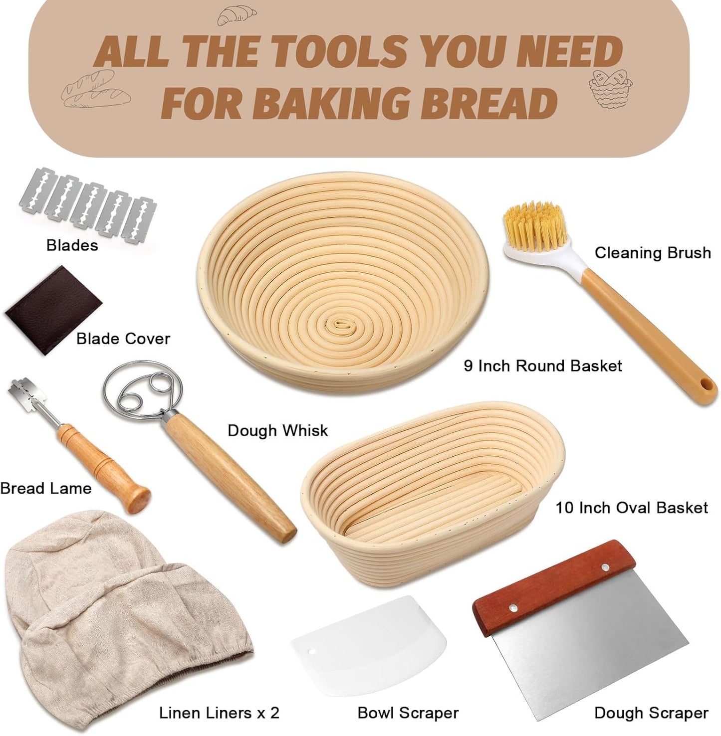 Rattan Banneton Bread Proofing Basket Set | Artisan Sourdough Baking Kit