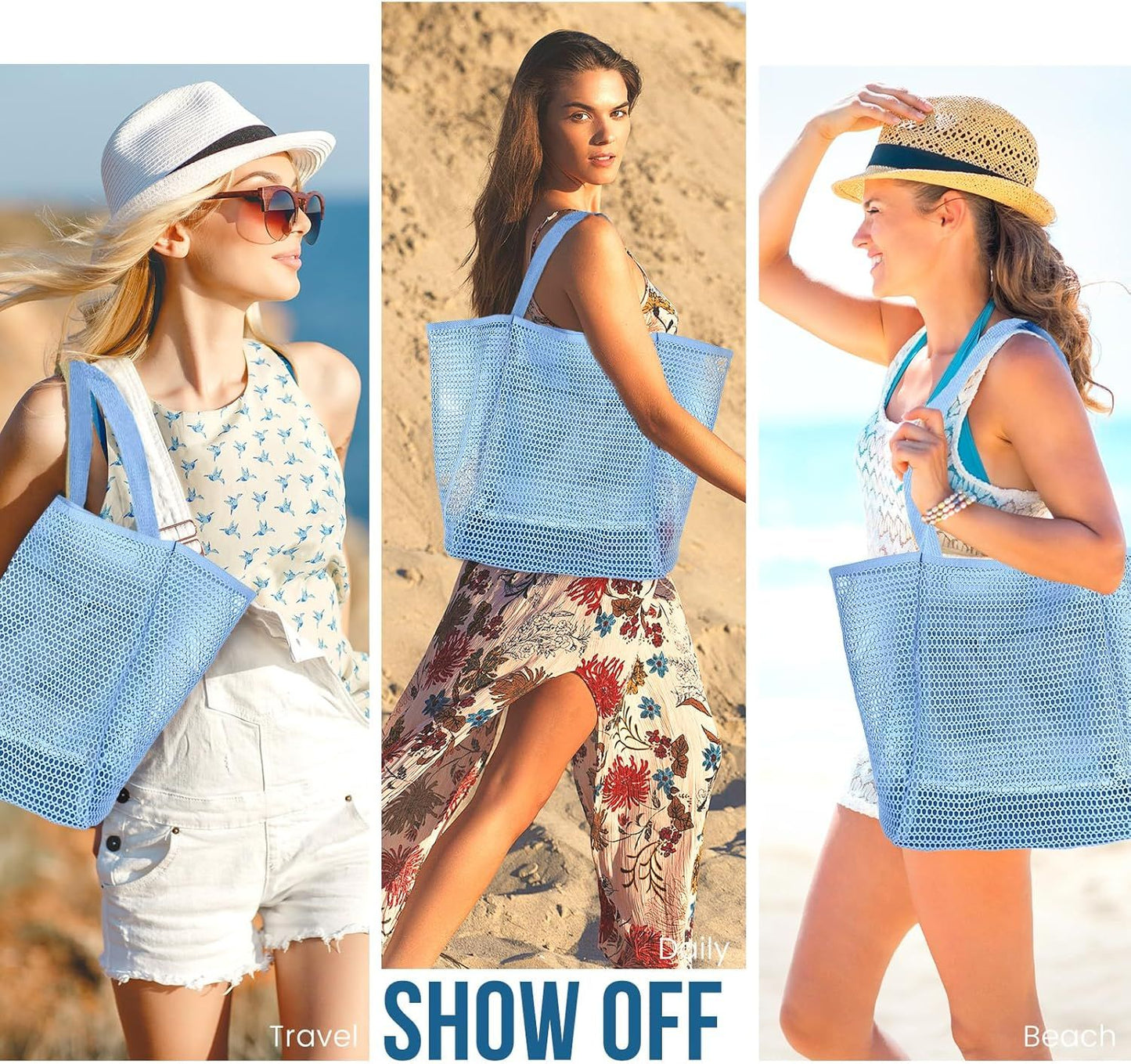 Beach Bags or Women, Summer Travel Mesh Tote Bag with Large Inner Pocket, Sandproo Woven Shoulder Handbag Swim Pool Bag, Suit or amily Vacation Essentials