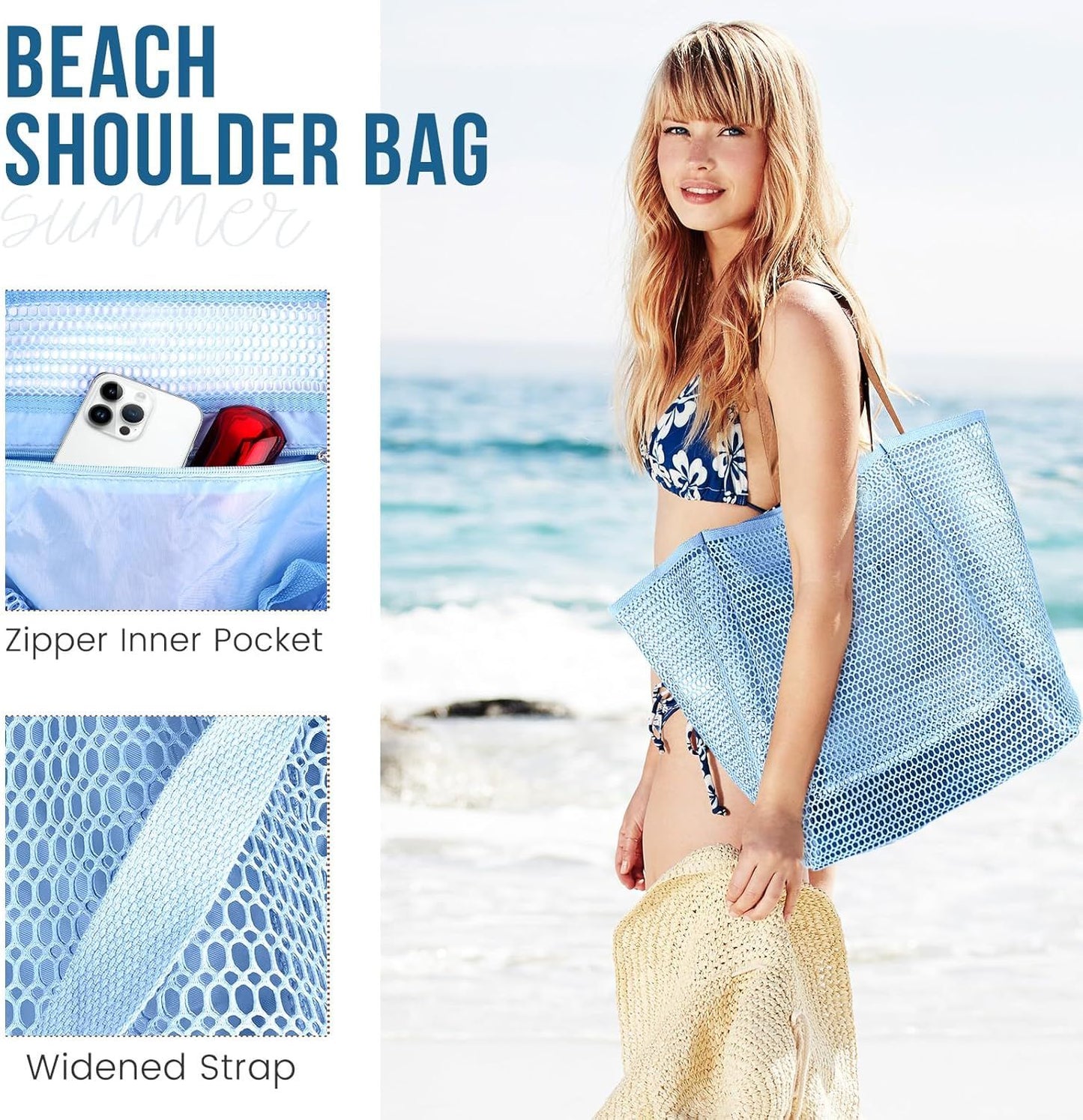 Beach Bags or Women, Summer Travel Mesh Tote Bag with Large Inner Pocket, Sandproo Woven Shoulder Handbag Swim Pool Bag, Suit or amily Vacation Essentials