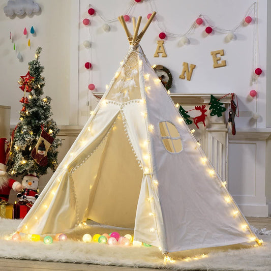 Kids Cotton Canvas Teepee Tent | Natural Pine Pole Play Tent for Children