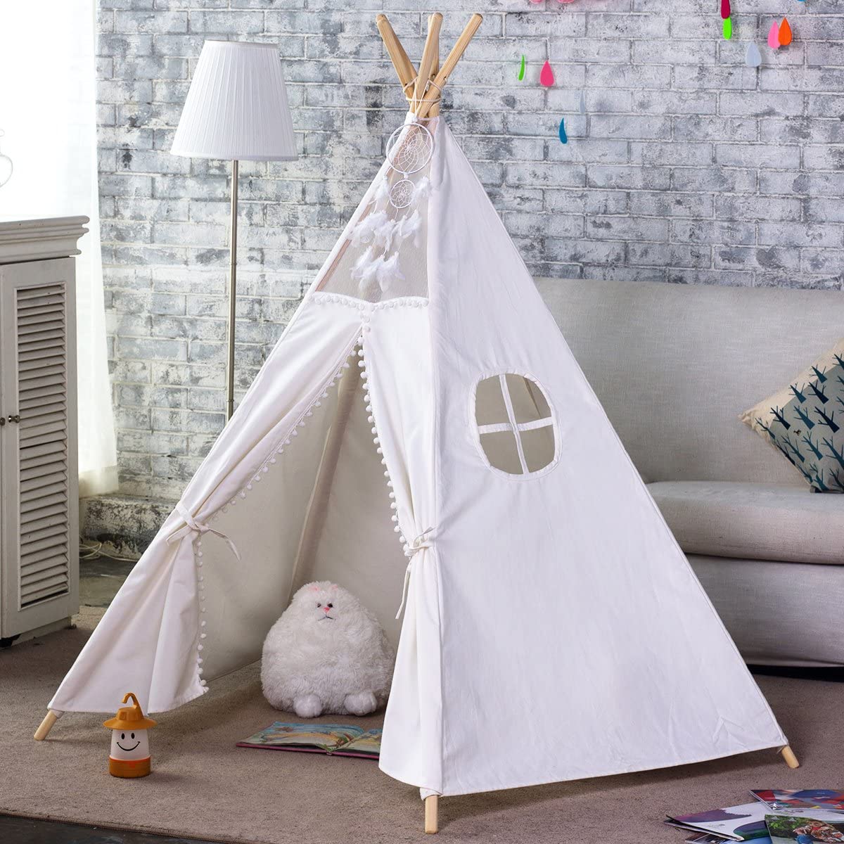 Kids Cotton Canvas Teepee Tent | Natural Pine Pole Play Tent for Children