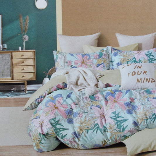 Lily Flowers Reversible Cotton Floral Quilt Cover Set - Queen