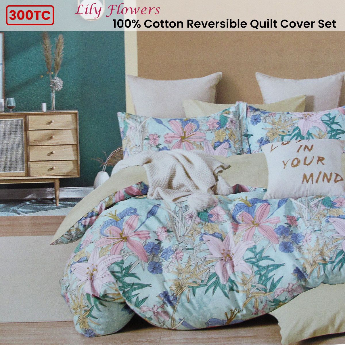 Lily Flowers Reversible Cotton Floral Quilt Cover Set - Queen